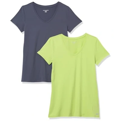 Image of Amazon Essentials Women&#039;s Tech Stretch Short Sleeved V Neck T Shirt (Available in Plus Sizes), Pack of 2, Lime Green/Slate Grey, XS