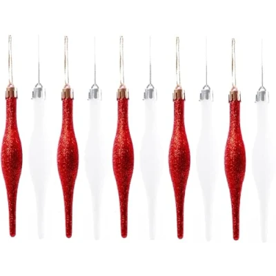 Image of UKDeals Direct® Red COLLECTION CHRISTMAS DROPLET BAUBLES TREE DECORATIONS GLITTER MATT ICICLES (Pack of 10 Droplets (5 x &amp; 5 White))