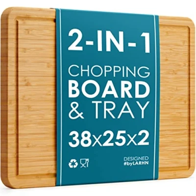 Image of Premium Organic 2 in 1 Large Wooden Chopping Board &amp; Serving Tray 38x25x2cm Multi Purpose Bamboo Cutting with Juice Groove for Carving Meat, Vegetables, Cheese and Bread by LARHN