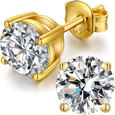 Image of Gold Stud Earrings Men Women Silver Diamond Cubic Zirconia Hypoallergenic 6mm
