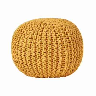 Image of HOMESCAPES Mustard Knitted Pouffe Footstool Bean Filled 100% Cotton for Living Room Children or the Elderly