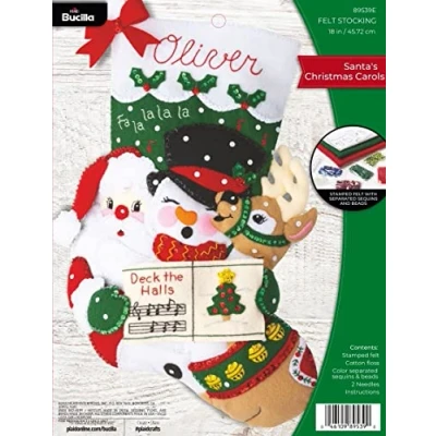 Image of Bucilla, Santa&#039;s Christmas Carols 18&quot; Felt Applique Stocking Making Kit, Perfect for DIY Needlepoint Arts and Crafts, 89539E