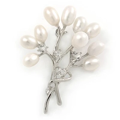 Image of Avalaya White Freshwater Pearl, Clear CZ Floral Brooch in Rhodium Plated Metal 47mm L