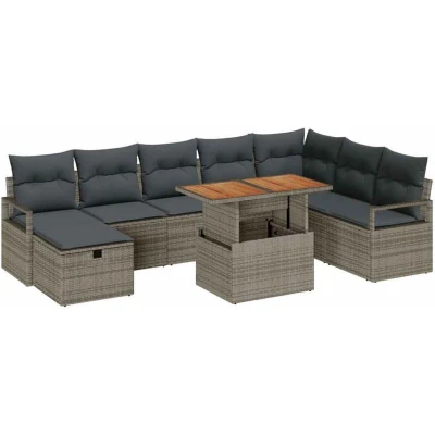 Image of vidaXL 9 Piece Garden Sofa Set with Cushions Grey Poly Rattan