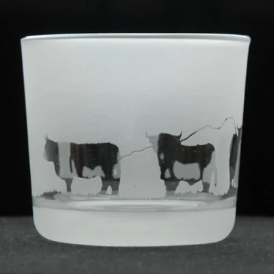 Image of Animo Glass Votive Tea Light Candle Holder, Frosted Etched Holders with Highland Cow Design Clear Tealight Holder Birthday Gift Home Decor
