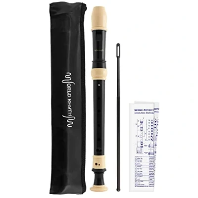 Image of World Rhythm WR 805 Descant School Recorder with Bag, Cleaning Rod and Fingering Chart Soprano English/Baroque Black &amp; Ivory