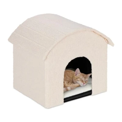 Image of Relaxdays Cat Cave, Foldable, Fluffy, Sleeping Place with Scratching Surface, HxWxD: 44 x 48 41 cm, Beige/Tan