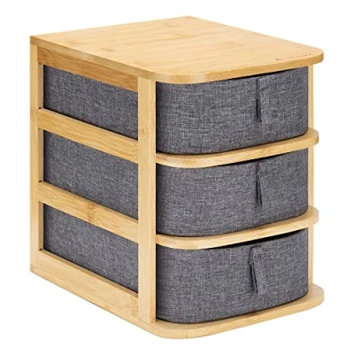 Image of Navaris Makeup Storage Drawers Bamboo Organiser and Grey Fabric Trays 3 Tier Unit for Bathroom, Dressing Table L 23cm x W 17.5cm H 22cm