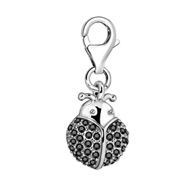 Image of Quiges 3D Ladybird Clip On Charm Pendant with Black Cubic Zirconia Silver Plated Women&#039;s Jewellery