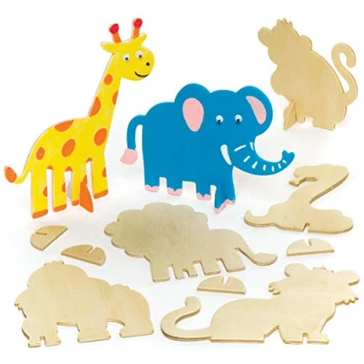 Image of Baker Ross Wooden Jungle Animal Stand Up Kits (Pack of 10) AR443, for Kids to Decorate and Display, Assorted, 7.5cm 14cm