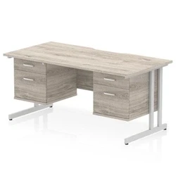 Image of Impulse 1600 x 800mm Scalloped Edge Office Desk Grey Oak Top Silver Cantilever Leg Workstation 2 Drawer Fixed Pedestal