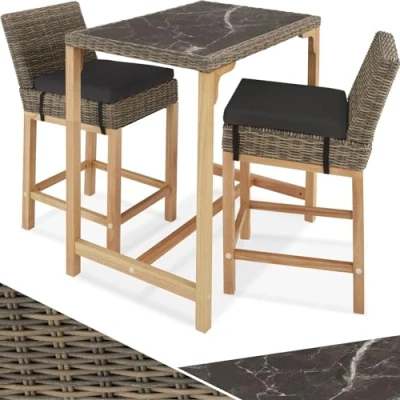 Image of TecTake® Rattan Garden Furniture Set, Stylish Bar Table and Chairs for Garden, Terrace, Balcony, UV Resistant Poly Rattan, Rustproof Aluminium &amp; Solid Wood Frame, Marbled Stoneware Tabletop nature