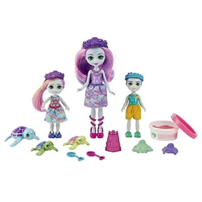 Image of Enchantimals Family Toy Set, Tinsley Turtle Doll (6 in) with Little Sibling Dolls (4 and 3 Sea Animal Figures