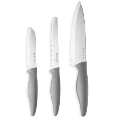 Image of nuovva Sharp Kitchen Knife Set 3pcs Grey Knives Stainless Steel Non Stick Blades Includes Chefs Knife, Tomato and Paring