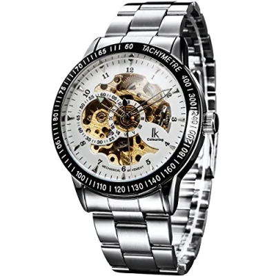 Image of Alienwork IK Automatic Watch Men Women Silver Stainless Steel Metal Strap White Skeleton Glass Bottom