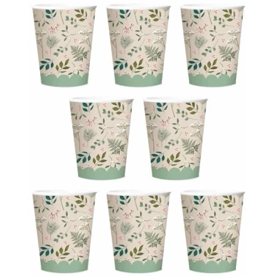 Image of Quickdraw 8 x Christmas Paper Cups Traditional Holly Design Recyclable Disposable Tableware Party Supplies