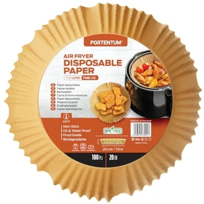 Image of PORTENTUM Air Fryer Liners Pack of 100, BPA Free, 7.9 inch, Airfryer Baking Paper, Non Stick, Waterproof, Oil Proof, Disposable Trays, Fryer, Parchment Paper Liner for Hot