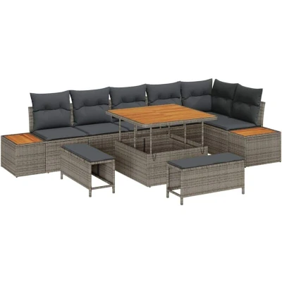 Image of Vidaxl 9 Piece Garden Sofa Set with Cushions Grey Poly Rattan Acacia