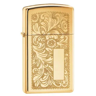 Image of Zippo Windproof Lighter Venetian Gold High Polish Brass Slim Case Refillable for Lifetime Use Adjustable Flame Gift Box Metal Made in USA