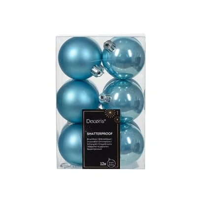 Image of Decoris 12 Sugar Blue Baubles Shatterproof Christmas Tree Hanging Decorations 6cm 60mm Round Decs (021959)