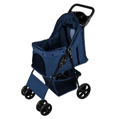 Image of Pet Stroller Pushchair Navy Blue Carrier Foldable Trolley Travel Cart 15kg Capacity 4 Wheels Brakes Cat Dog Safety Hook Leash Cushion Canopy Mesh Windows Basket Cup Holders &amp; Waterproof Rain Cover