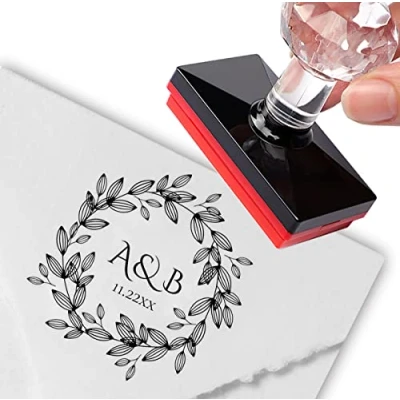 Image of Custom Stamp Personalized Leafy Wreath Monogram Wedding Address Stamps Self Inking