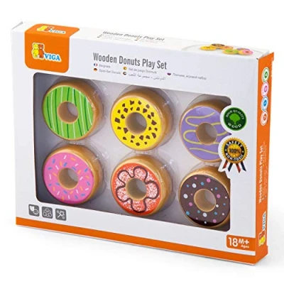 Image of Viga 6 Wooden Donuts Childrens Wood Pretend Play Food Set