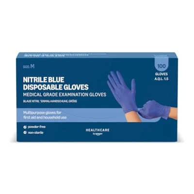 Image of Amazon Basic Care Nitrile Blue Disposable Gloves, Powder free, Size M, 100 Count (Previously Hevea Brand)