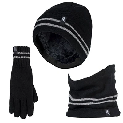 Image of HEAT HOLDERS Hi Vis Hat, Neck Warmer &amp; Gloves Set Reflective Workwear for Extreme Cold Weather (S M, Black)