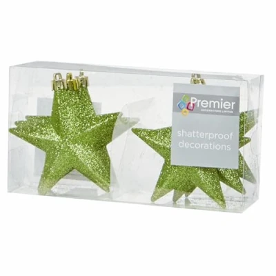 Image of Shatterproof Christmas Stars 6 Pack 100mm Premier Tree Decoration, glitter Star Baubles (Green 6020)