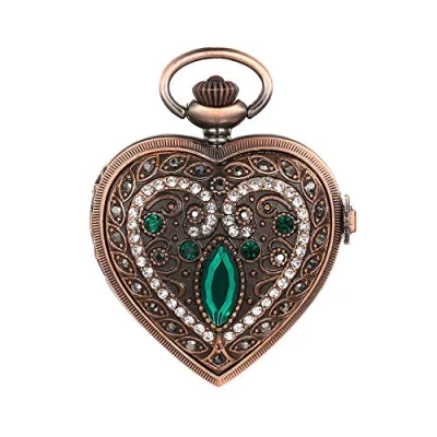 Image of JewelryWe Men Women Pocket Watch Quartz Rhinestone Heart Pendant Necklace