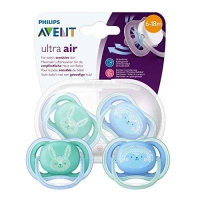 Image of Philips Avent SCF344/22 Ultra Air Dummy 6 18 months, Breathable Orthodontic, BPA free, Double pack, Rabbit/Hedgehog
