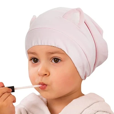 Image of Hat Hut Kids Satin Bonnet Silk for Baby Girl Sleep Cap Toddler Curly Hair Adjustable Lined Beanie with Ears (Pink Cat Kids)
