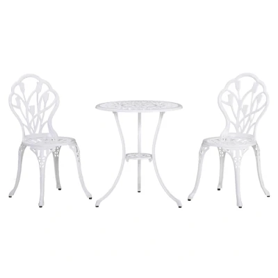 Image of Outsunny 3 Piece Patio Bistro Set for 2, Outdoor Aluminium Garden Table and Chairs with Umbrella Hole Balcony, White
