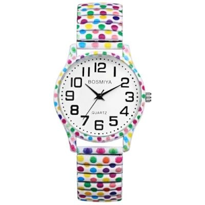 Image of JewelryWe Elastic Watches for Women: Easy Read Analog Quartz Stretch Band Watch Cute Printing Expansion Wristwatch