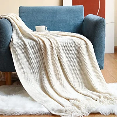 Image of LumiSyne Knitted Throw Blanket With Tassel Solid Color Grain Texture Cozy Fluffy Warm Soft Throws Decorative Blankets For Settee Armchair Couch Bed Office 170x130cm
