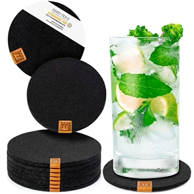 Image of Miqio® Design Glass Coaster Felt and Leather Coasters Set of 10 for Drinks with Genuine Appliqué Easily Washable Sound Absorbing Cup Mats