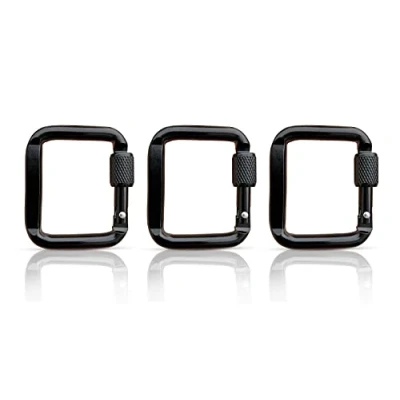Image of Holesto Square Carabiner Set of 3 Mini Screw Lock Small Black 5 x 4.5 cm 12g Aluminium Keyring, Camping, Fishing, Hiking