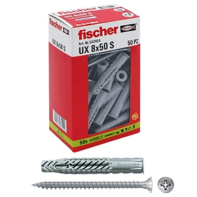 Image of Fischer 50 x UX Dowels with Screw Solid Wall, Perforated Brick, Plasterboard, 542456, Grey, 8 mm con Vite, Set of Pieces