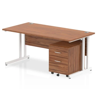Image of Impulse 1600x800mm Desk Walnut Top White Cantilever Leg+ Mobile Ped