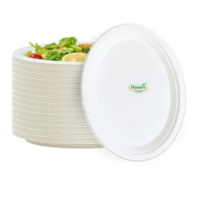 Image of Disposable Paper Plates Extra Strength White Super Rigid Bagasse 23cm Round 100% Compostable Biodegradable Sugarcane for Family Events Schools Office BBQ Picnics Party 9 Inch 50 Pack
