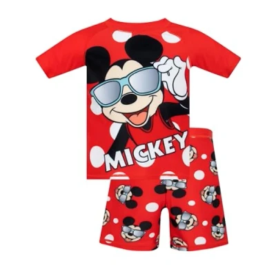 Image of Disney Mickey Mouse Swimsuit 2 Piece Boys Swim Set Kids Rash Vest and Shorts Boys’ Guards Red 18 24 Months