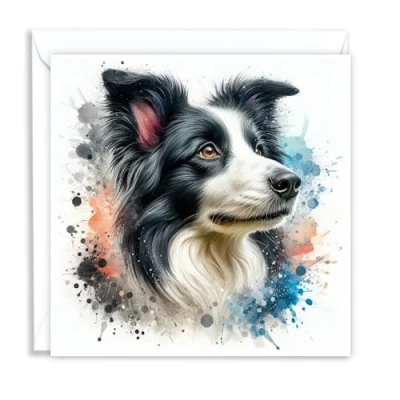 Image of Border Collie Dog Watercolour Splash Effect Artistic Blank Greeting Card
