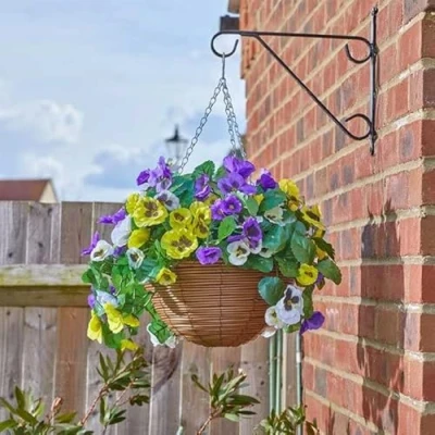 Image of Garden Mile 30cm Hanging Basket Artificial Flowers Décor Fake Floral &amp; Foliage Chain Colourful Indoor Outdoor Patio, Home, Decoration Weather UV Resistant (Pansy Pourri)