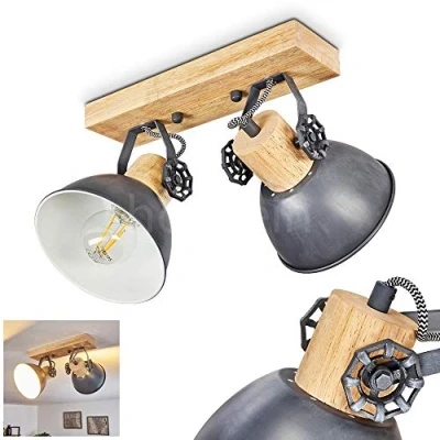 Image of Ceiling lamp Orny, Made of Metal/Wood in Grey/White/Brown, 2 Flame, with Adjustable spotlights, x E27 Socket, spot Retro/Vintage Design, Without Bulbs