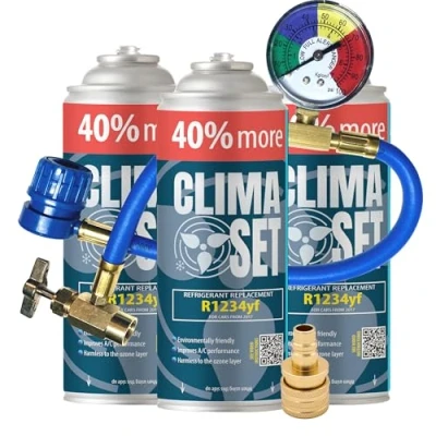 Image of ClimaSet r1234yf air conditioning refill gas 3x235 g with hose, pressure gauge and HP/LP adapter Car ECO