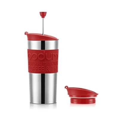 Image of Bodum Travel Press Set K11067 04 Insulated Plunger Mug Double Walled Stainless Steel with Extra Lid 0.35 L,Red