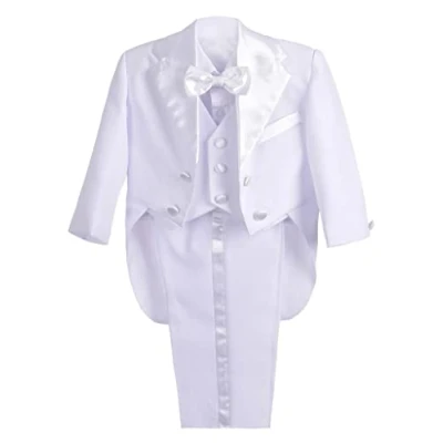 Image of Lito Angels Baby Boy Tuxedo Formal Suits Wedding Page Christening Baptism Outfit, 5 Pieces Set (Blazer, Shirt, Waistcoat, Trousers, Bow Tie) Age 12 Months, White