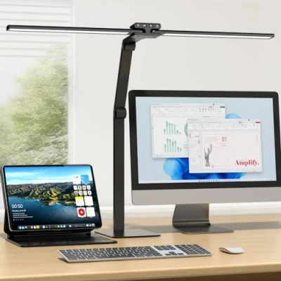 Image of KableRika Desk Lamp for Office, 24W Double Head LED with Base, Task Table Study Work, Dimmable Architect Light, Modern Monitor Light Bar Timer Workbench Lighting