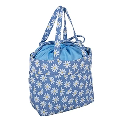 Image of Hobby Gift Drawstring Craft Bag 100% Cotton Tote Yarn Storage, Denim Daisies, 17 x 30 28cm